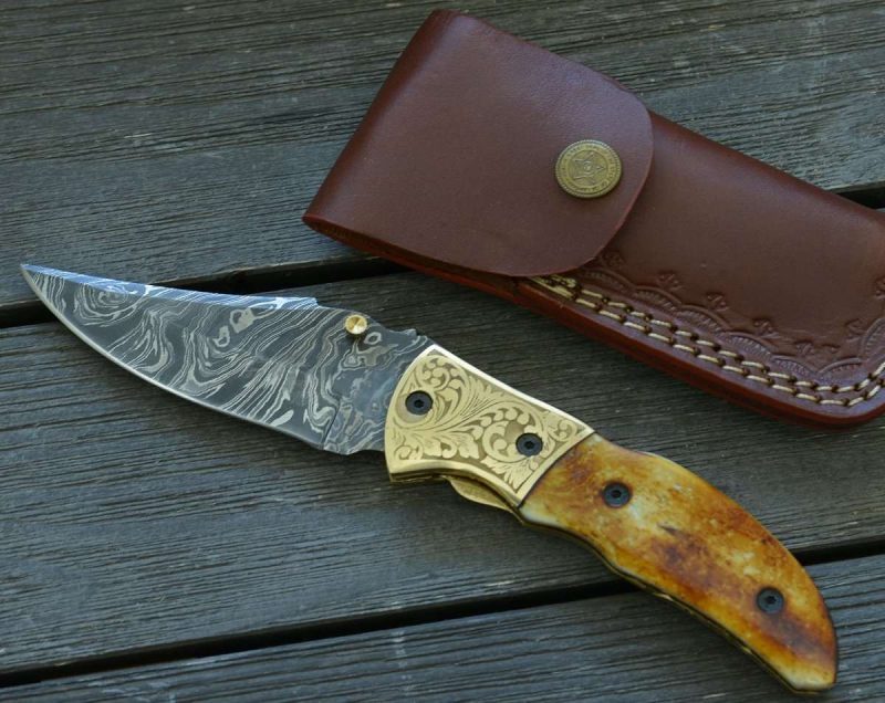 shokunin usa pocket knife marshal damascus folding knife with charred bone handle 41588794917077