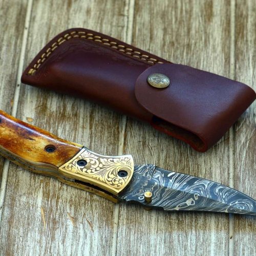 shokunin usa pocket knife marshal damascus folding knife with charred bone handle 41588799013077