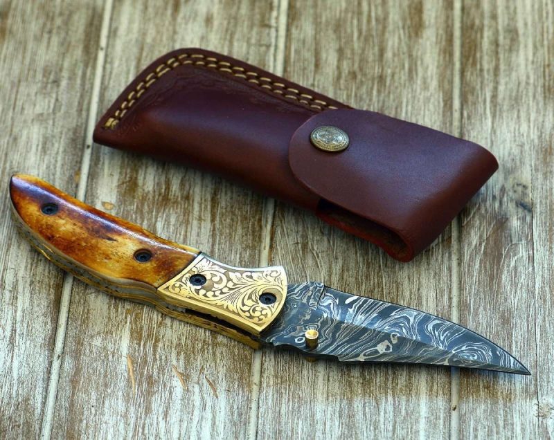 shokunin usa pocket knife marshal damascus folding knife with charred bone handle 41588799013077