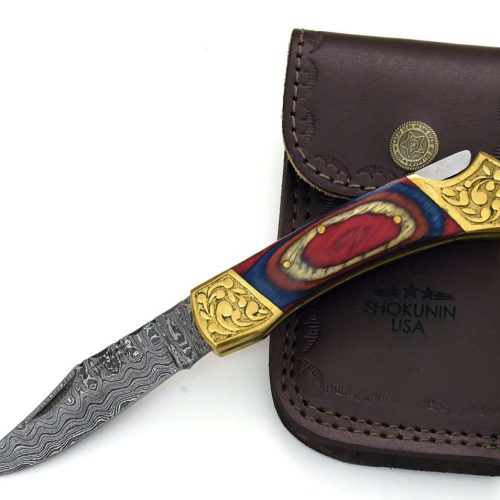 shokunin usa pocket knife rainbow expedition damascus pocket knife with pakka wood handle 41588798030037