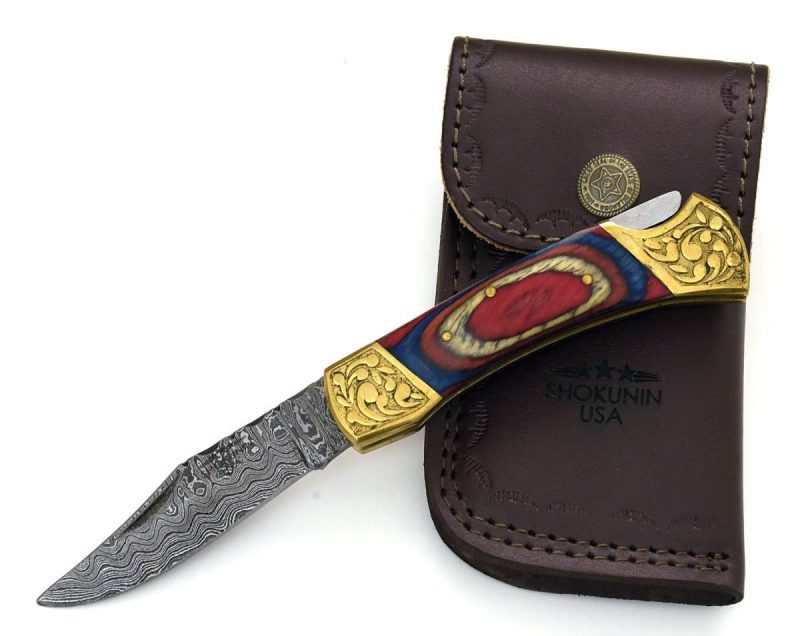 shokunin usa pocket knife rainbow expedition damascus pocket knife with pakka wood handle 41588798030037