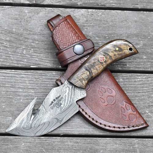 shokunin usa utility knife cyclone damascus gut hook knife with ram horn handle 41588762476757