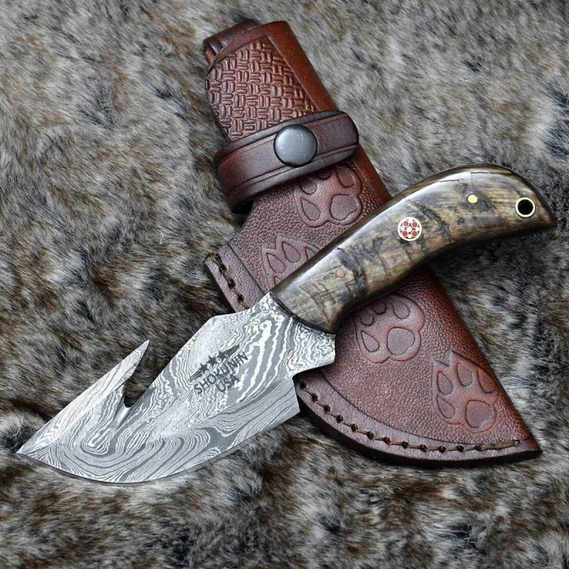 shokunin usa utility knife cyclone damascus gut hook knife with ram horn handle 41588763754709