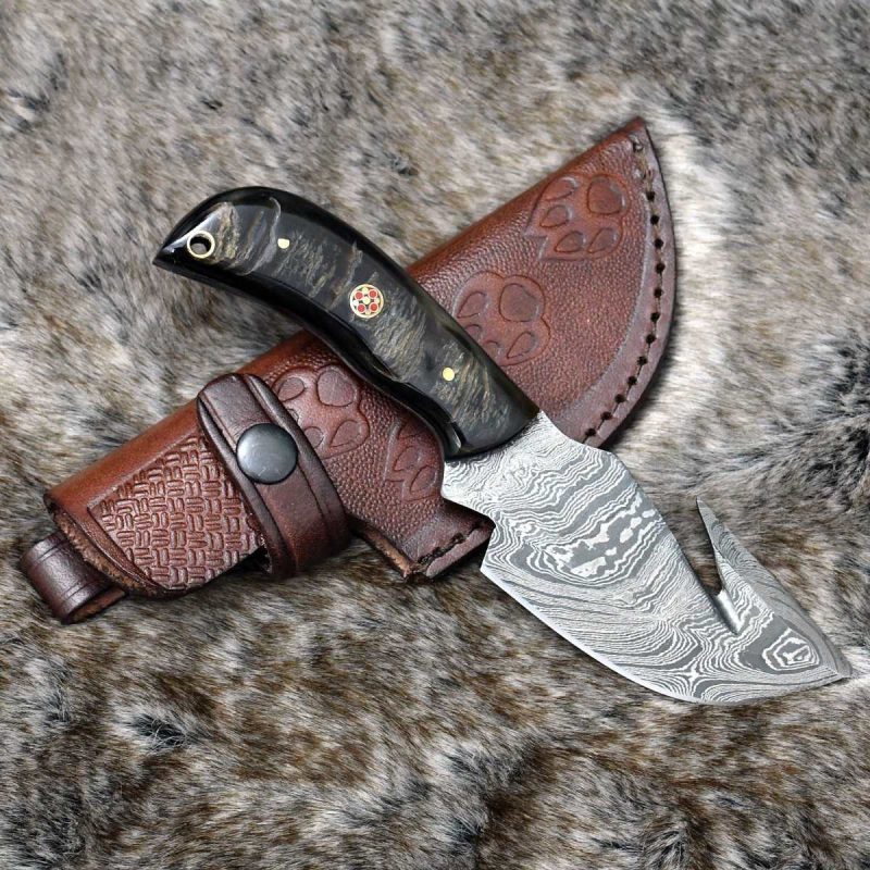 shokunin usa utility knife cyclone damascus gut hook knife with ram horn handle 41588767424725