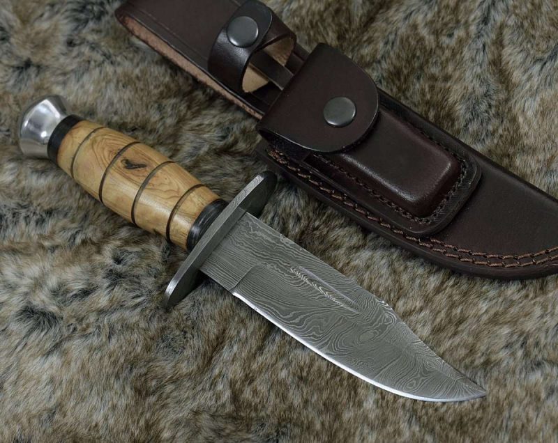 shokunin usa utility knife frontier damascus military knife with exotic olive wood handle 41588780990677