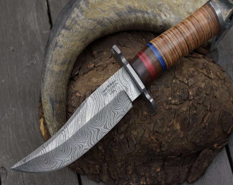 shokunin usa utility knife fusion damascus hunting knife with stacked leather handle 41588782104789