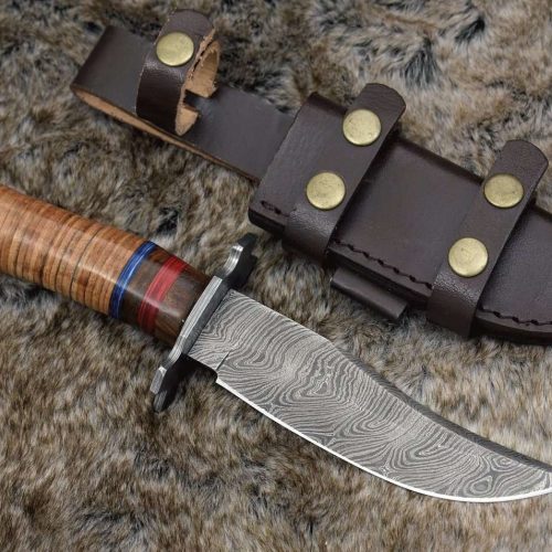 shokunin usa utility knife fusion damascus hunting knife with stacked leather handle 41588783087829