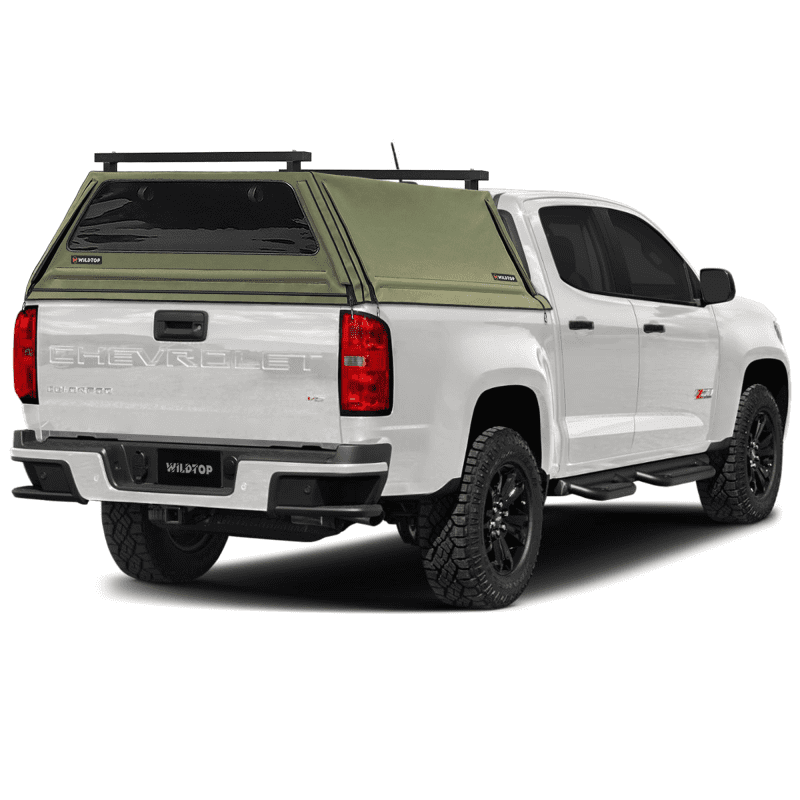 wildtop soft camper shell front rear windows military green wildtop soft top for 2015 2022 gen 2 chevrolet colorado 5 2 bed 61 7 in 42363985723605